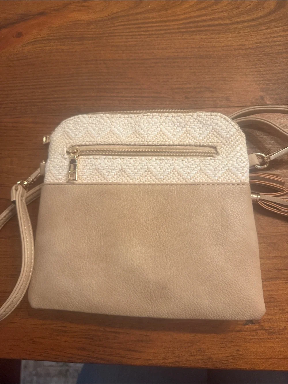 Beige Crossbody Bag with Woven Cream Accent and Tassel
